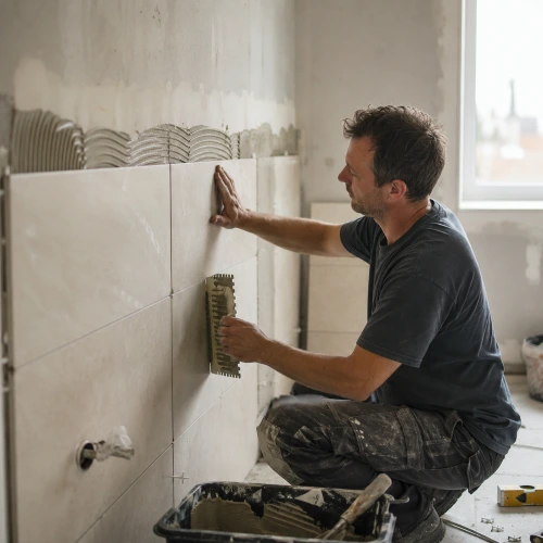 Carreleur posant du carrelage mural sur un chantier