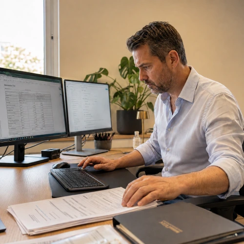 Expert-comptable travaillant sur des documents et des données à son bureau